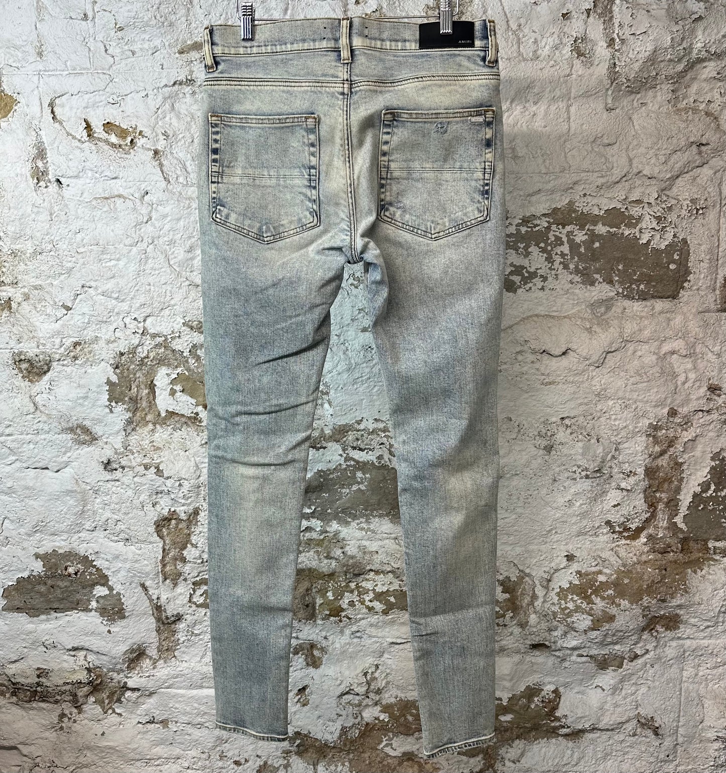 Amiri MX1 Black Leather Washed Blue Denim Jeans Sz 32
