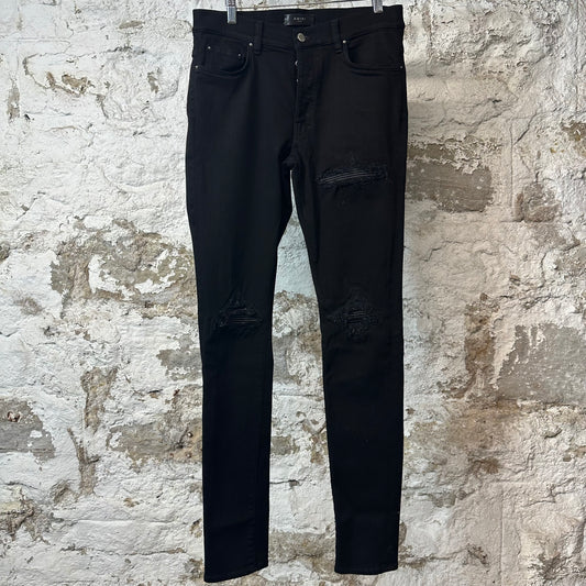 Amiri MX1 Black Leather Black Denim Jeans Sz 33