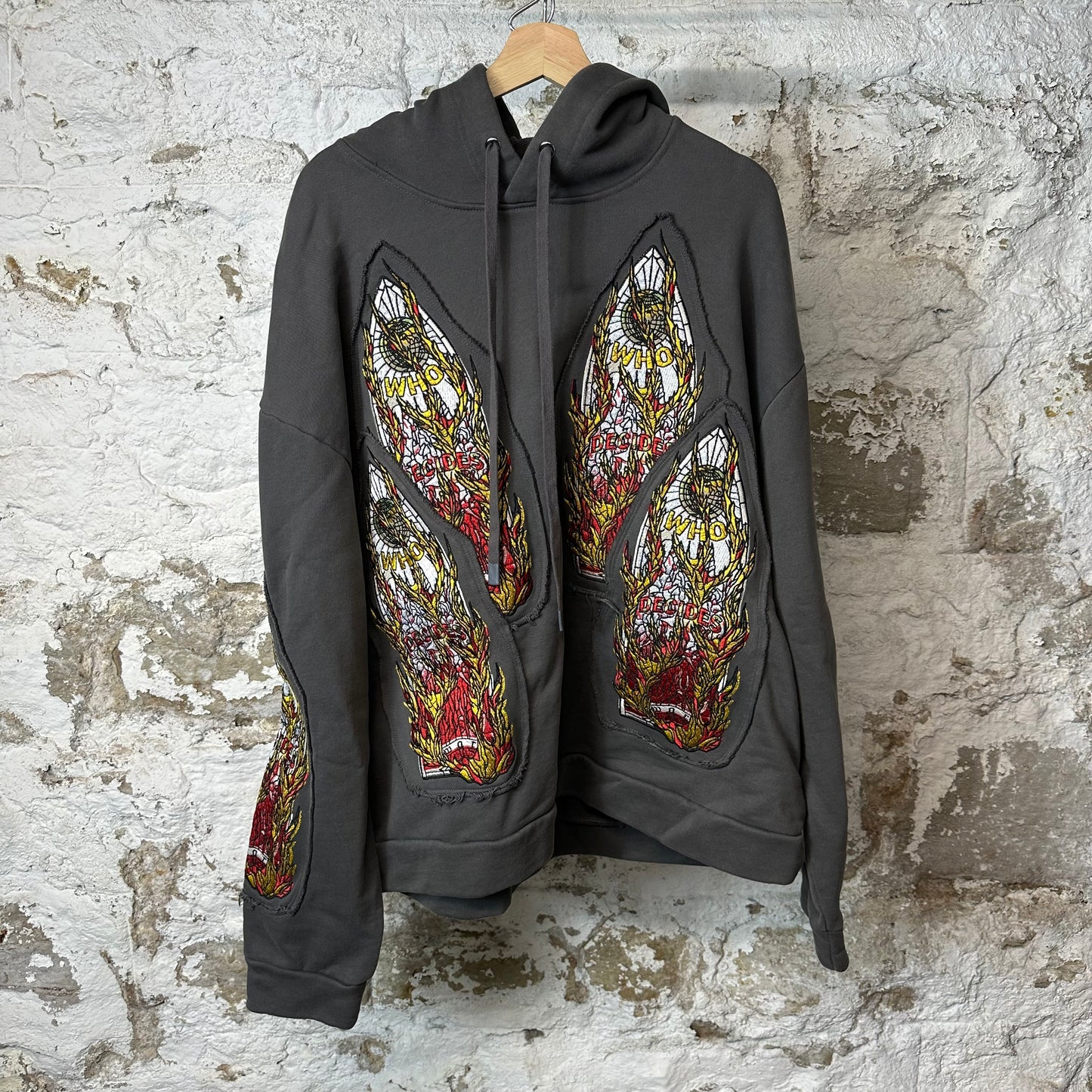 Who Decides War Flame Stained Glass Hoodie Grey Sz L