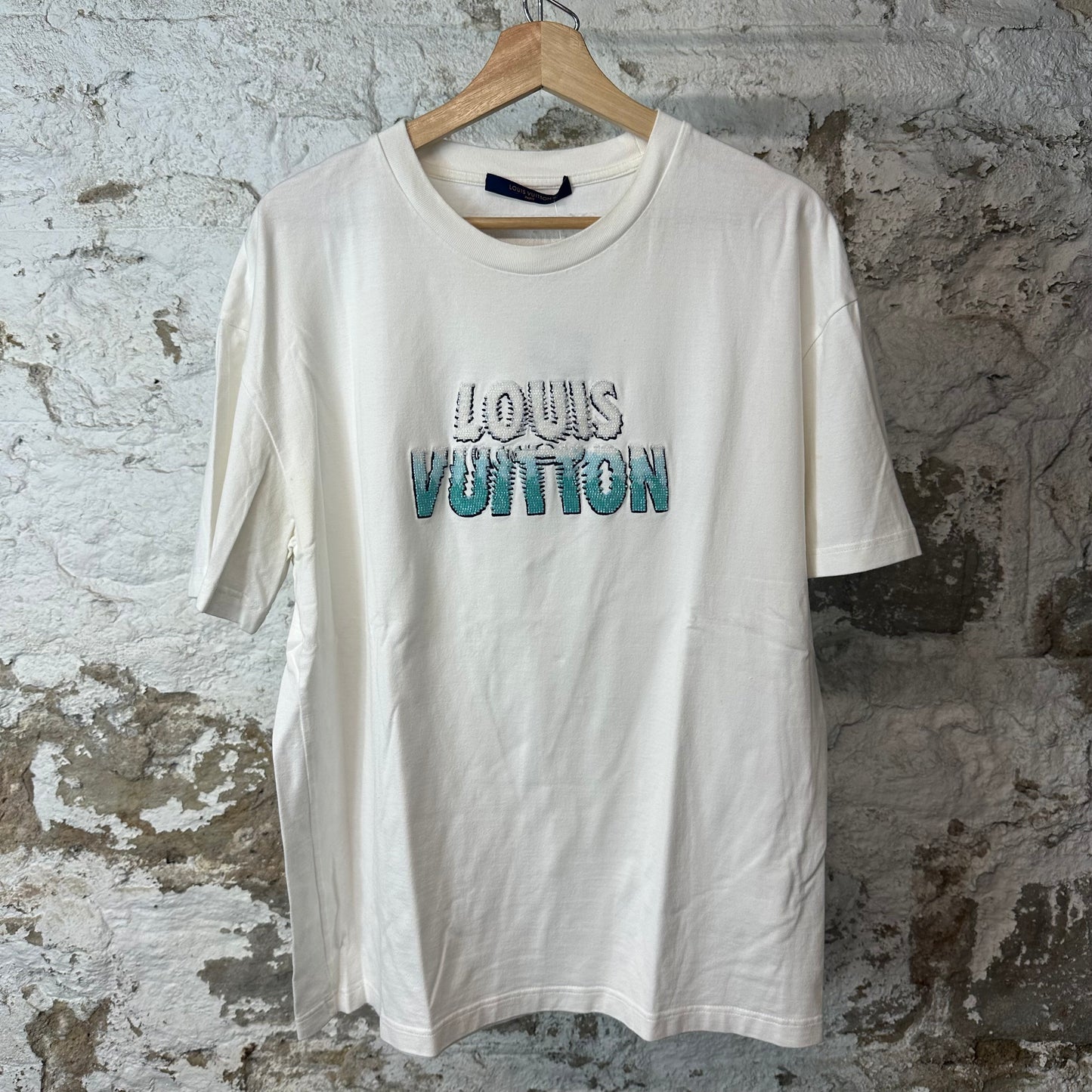 Louis Vuitton Beaded Logo White T-Shirt Sz L