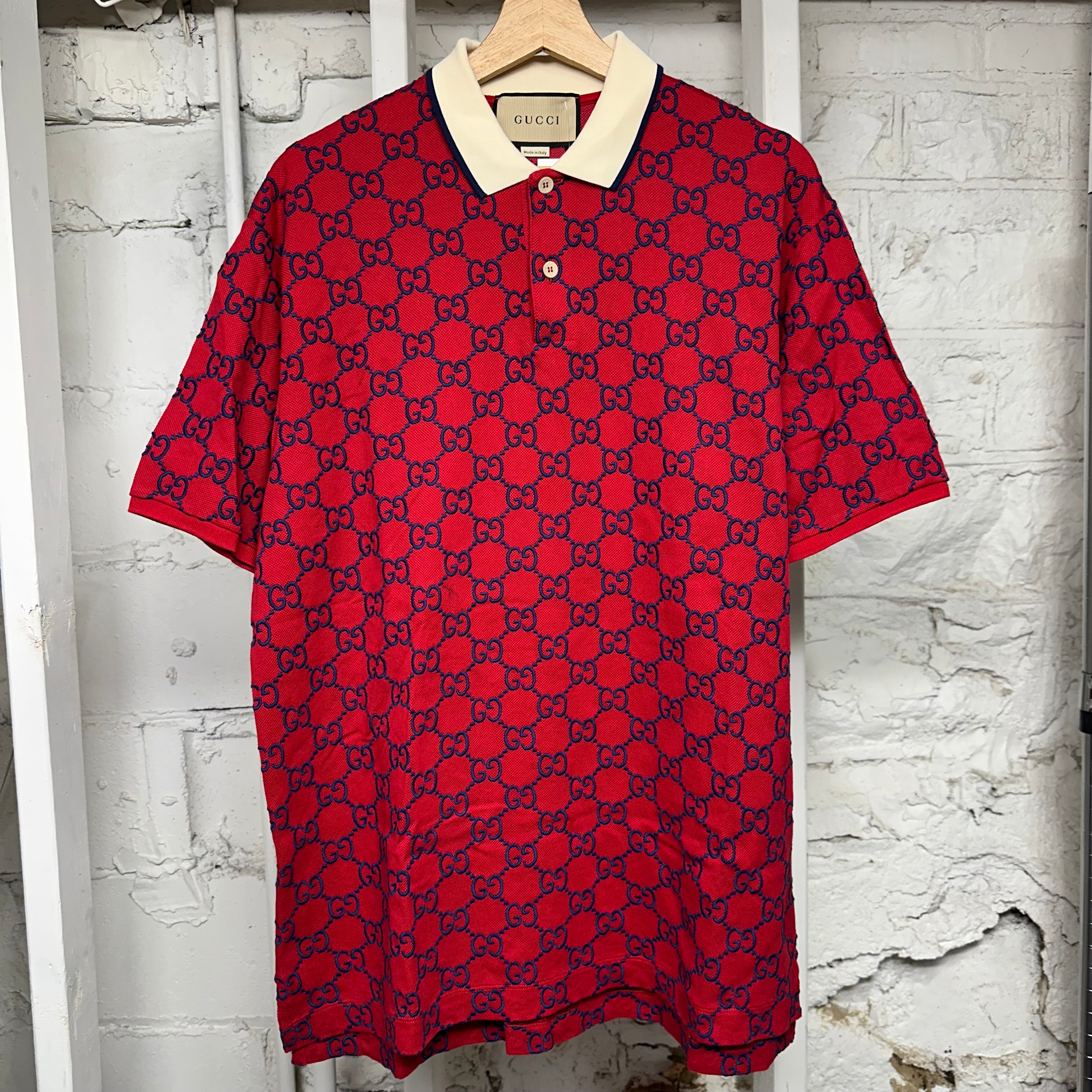 Gucci Blue GG Monogram Red Polo Shirt Sz XXXL (Fits XL)