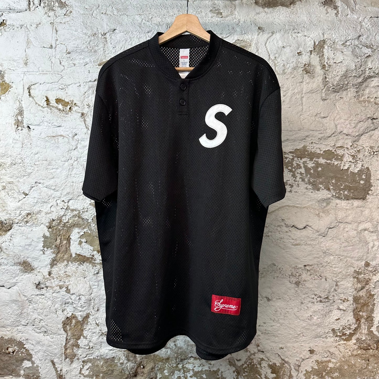 Supreme S Logo 11 Black Mesh Jersey Sz L