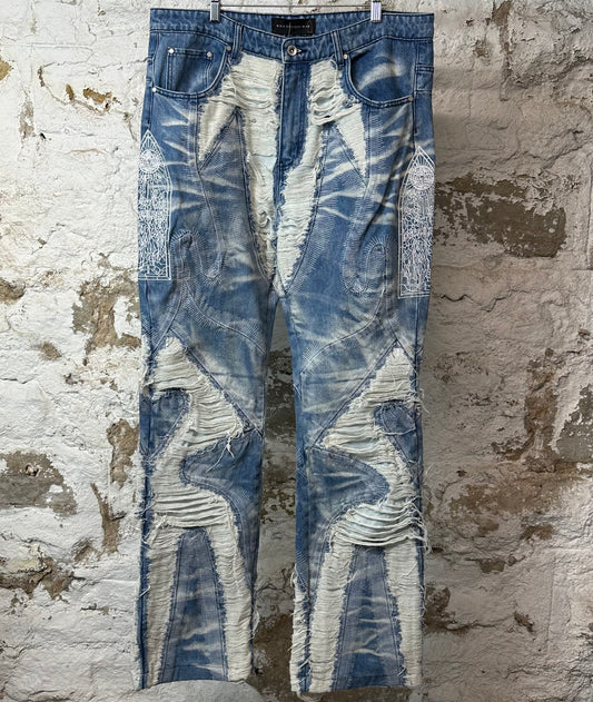 Who Decides War Sky Path Stained Glass Blue Denim Jeans Sz 36
