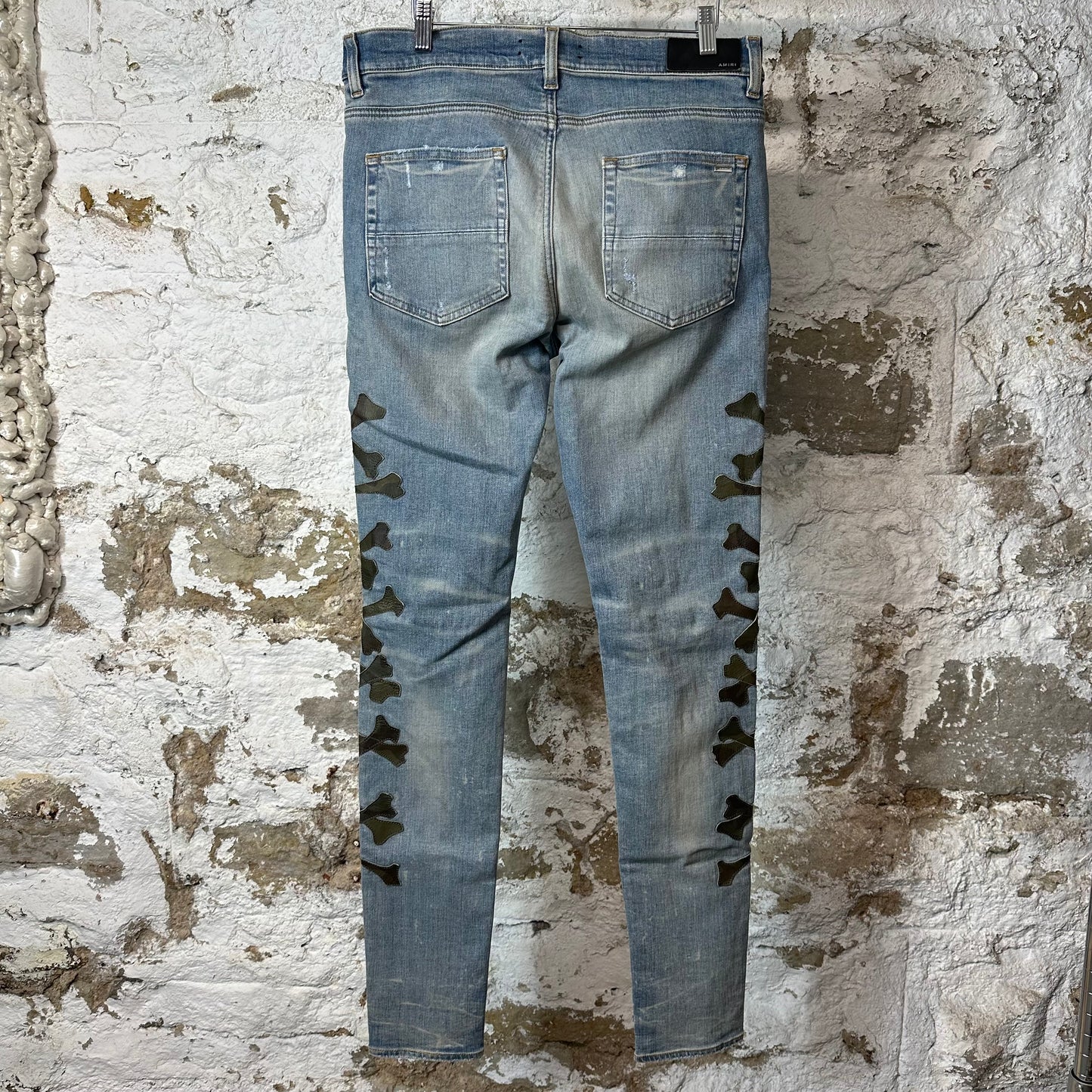 Amiri Green Camo Bones Blue Denim Jeans Sz 33