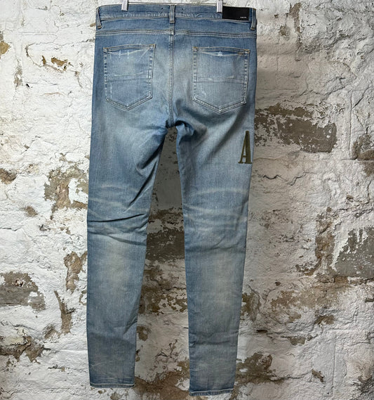 Amiri MX1 Camo Spell Patch Blue Denim Jeans Sz 36