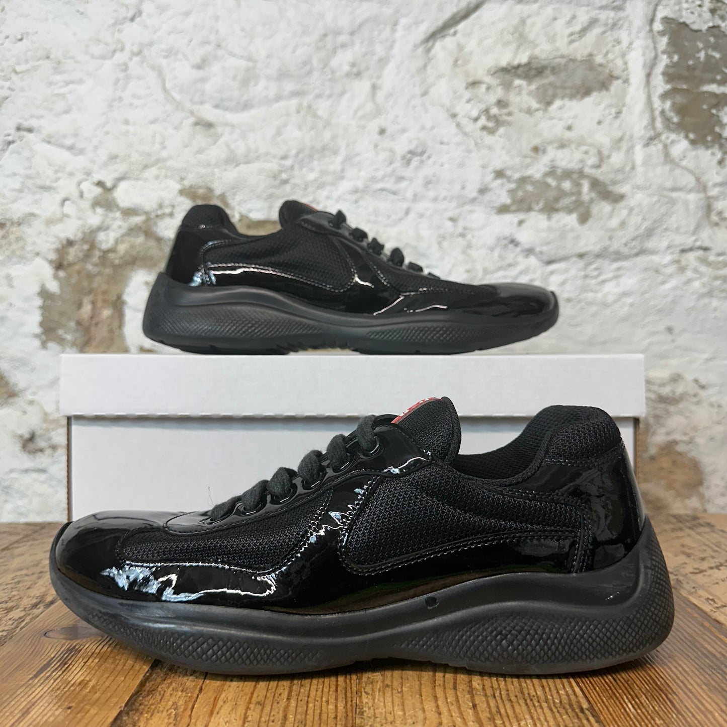 Prada Americas Cup Triple Black Patent Sneaker Sz 5