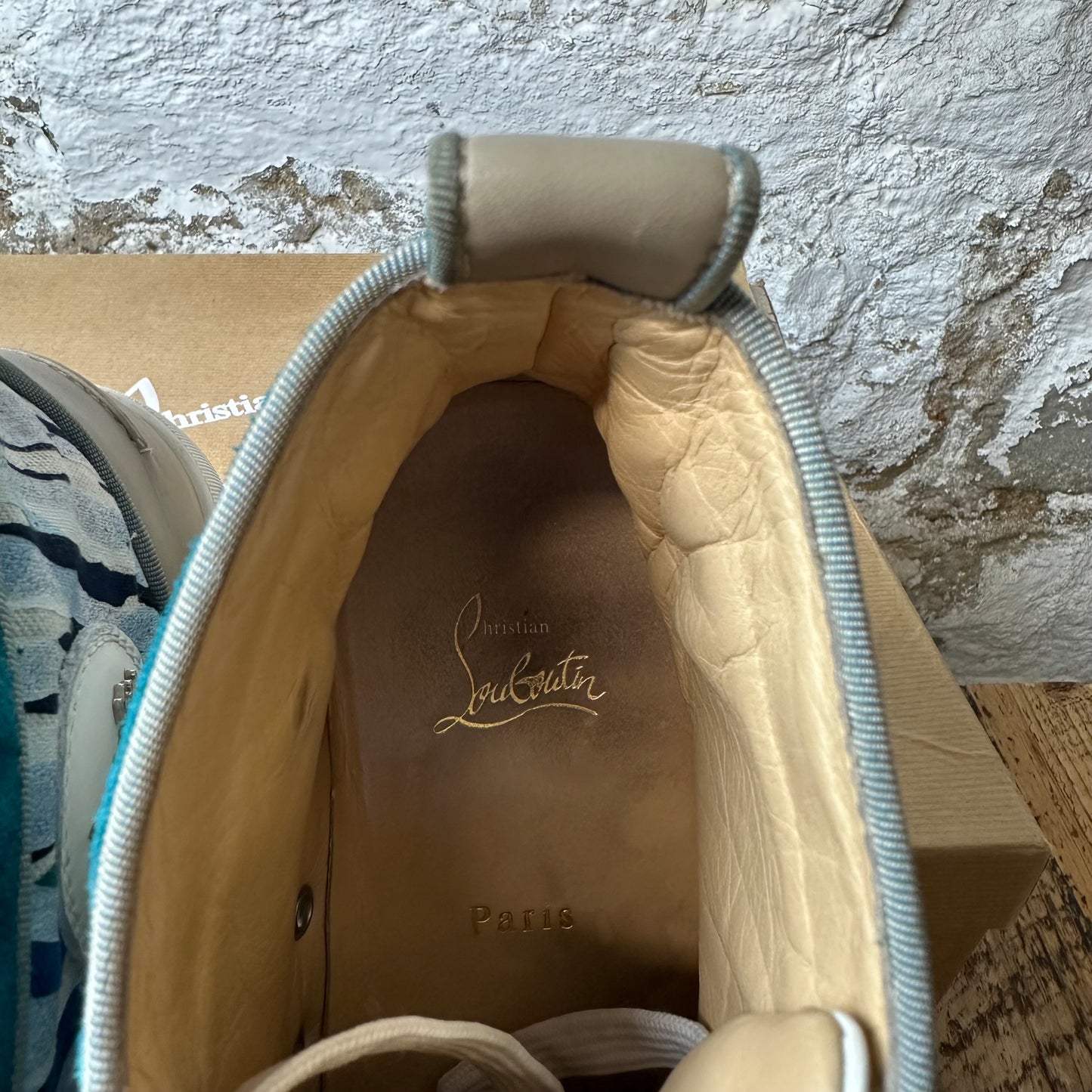 Louboutin Blue Green Stripe Spike Sneaker Sz 10.5 (43.5)