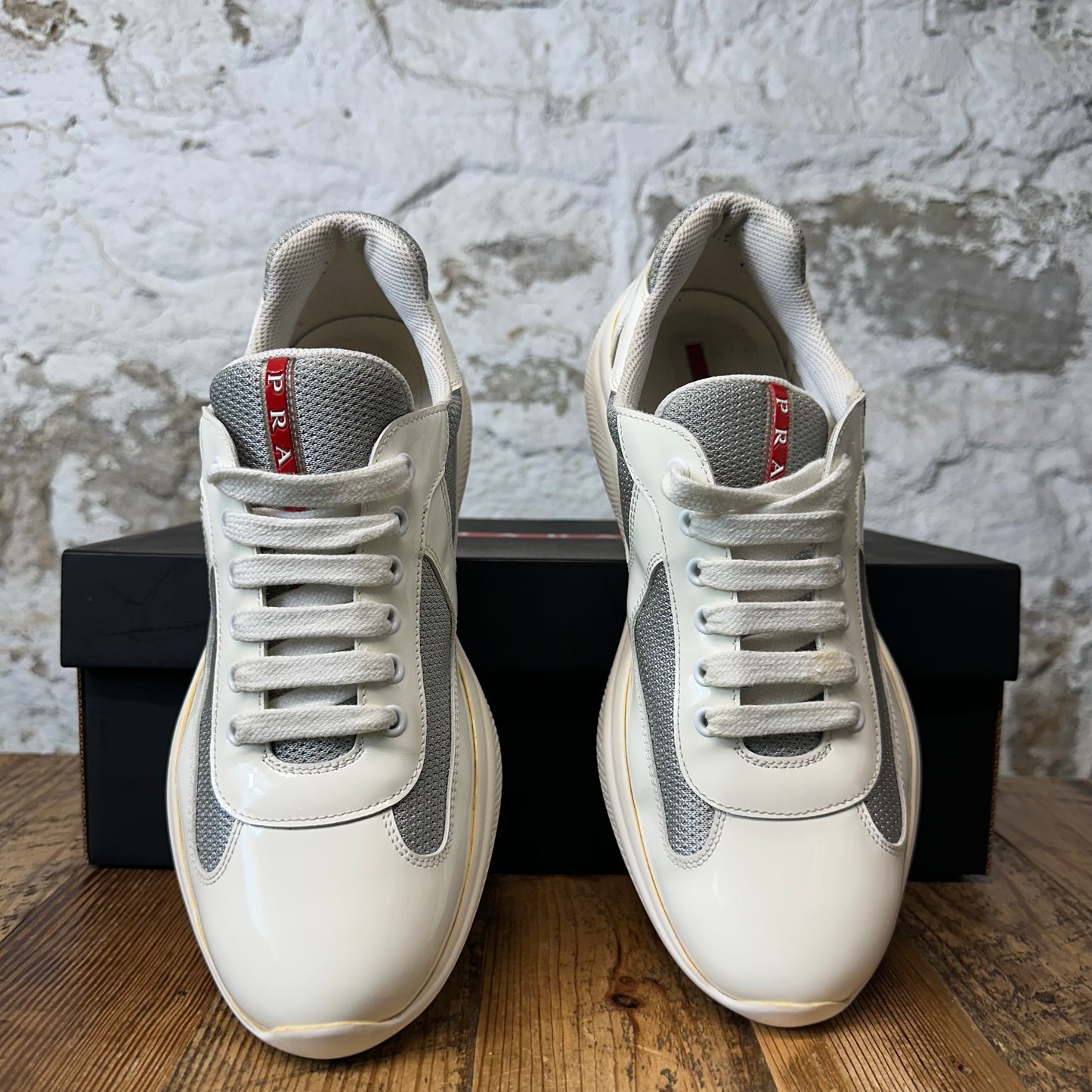 Prada Americas Cup White Patent Grey Sneaker Sz 7