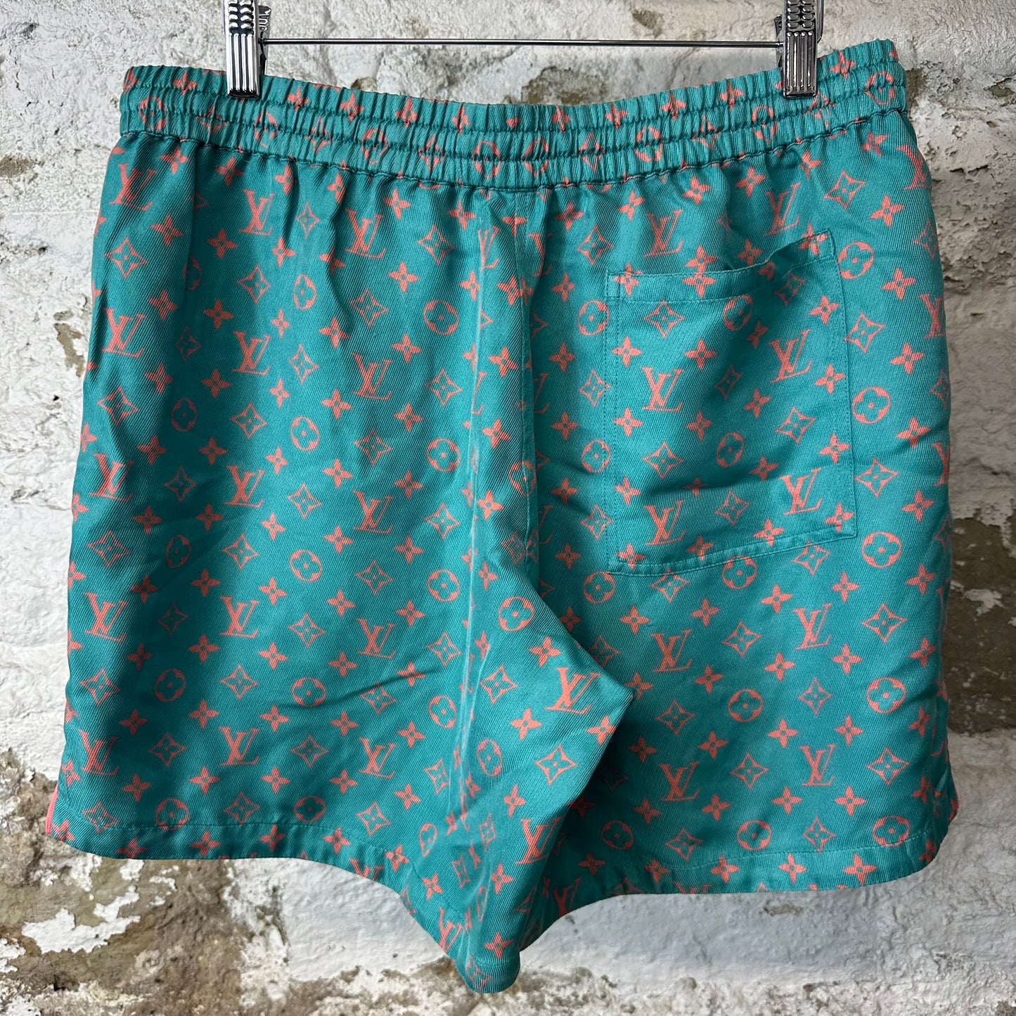 Louis Vuitton Pink Monogram Teal Blue Silk Shorts Sz XL (52)