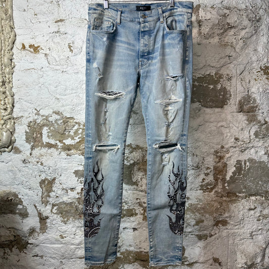 Amiri Black Brown Paisley Flame Blue Denim Jeans Sz 34