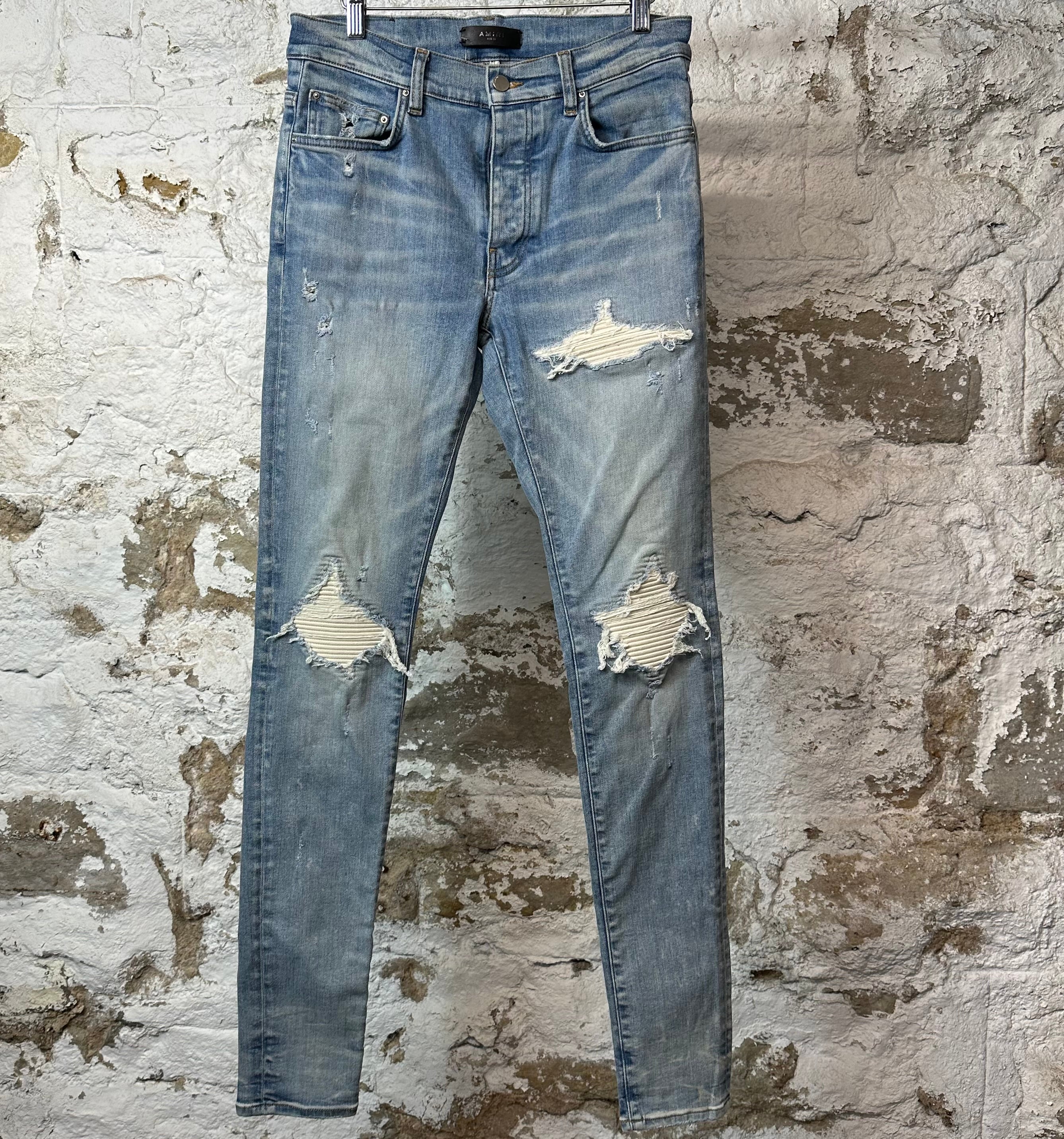 Amiri MX1 Cream Suede Blue Denim Jeans Sz 31