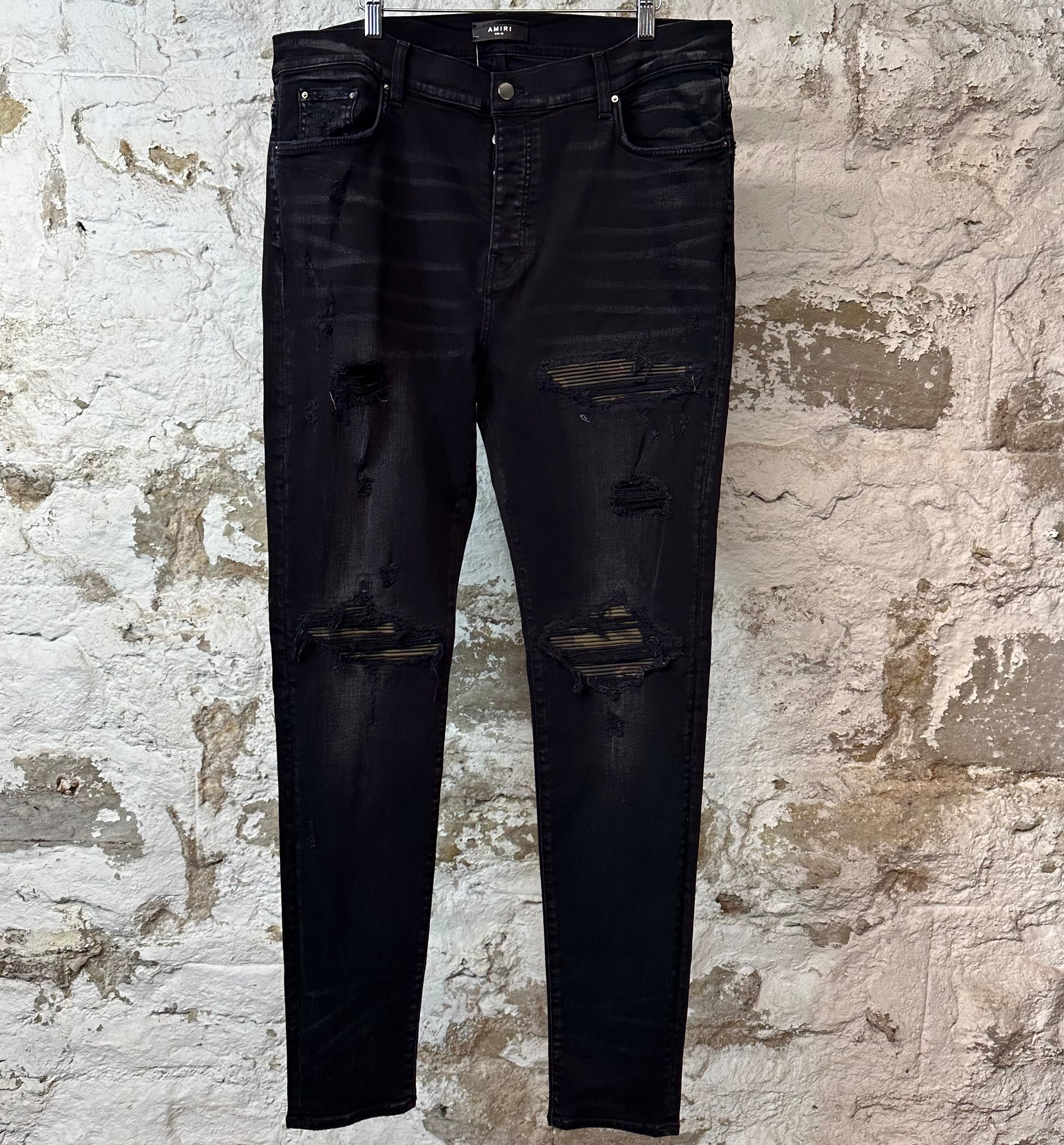 Amiri MX1 Camo Patch Black Denim Jeans Sz 40