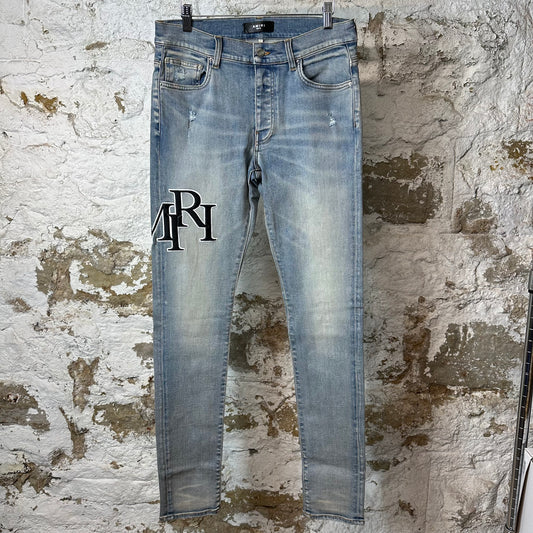 Amiri Embroidered Stagger Logo Blue Denim Jeans Sz 32