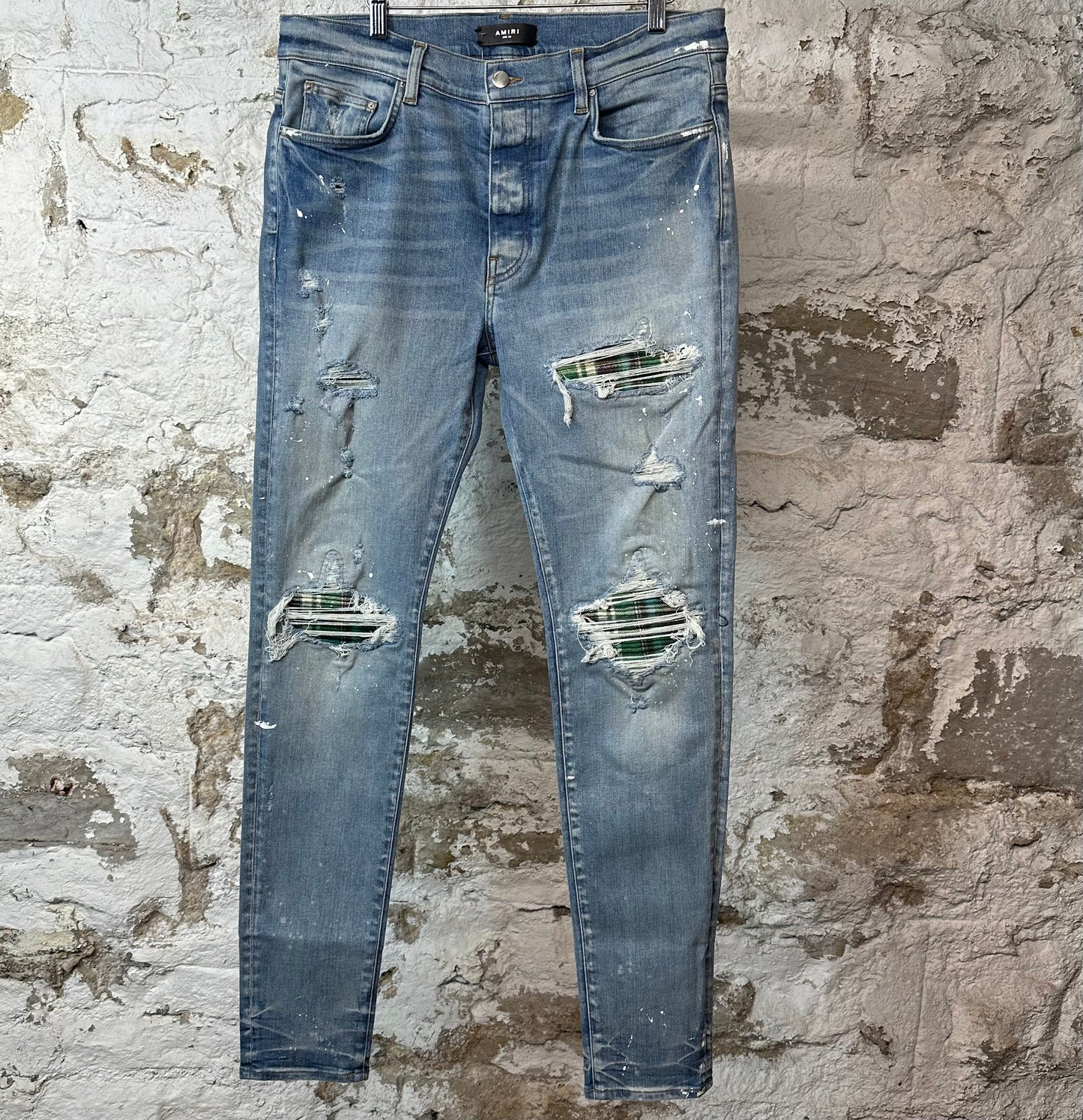 Amiri MX1 Green Plaid Flannel Blue Denim Jeans Sz 36