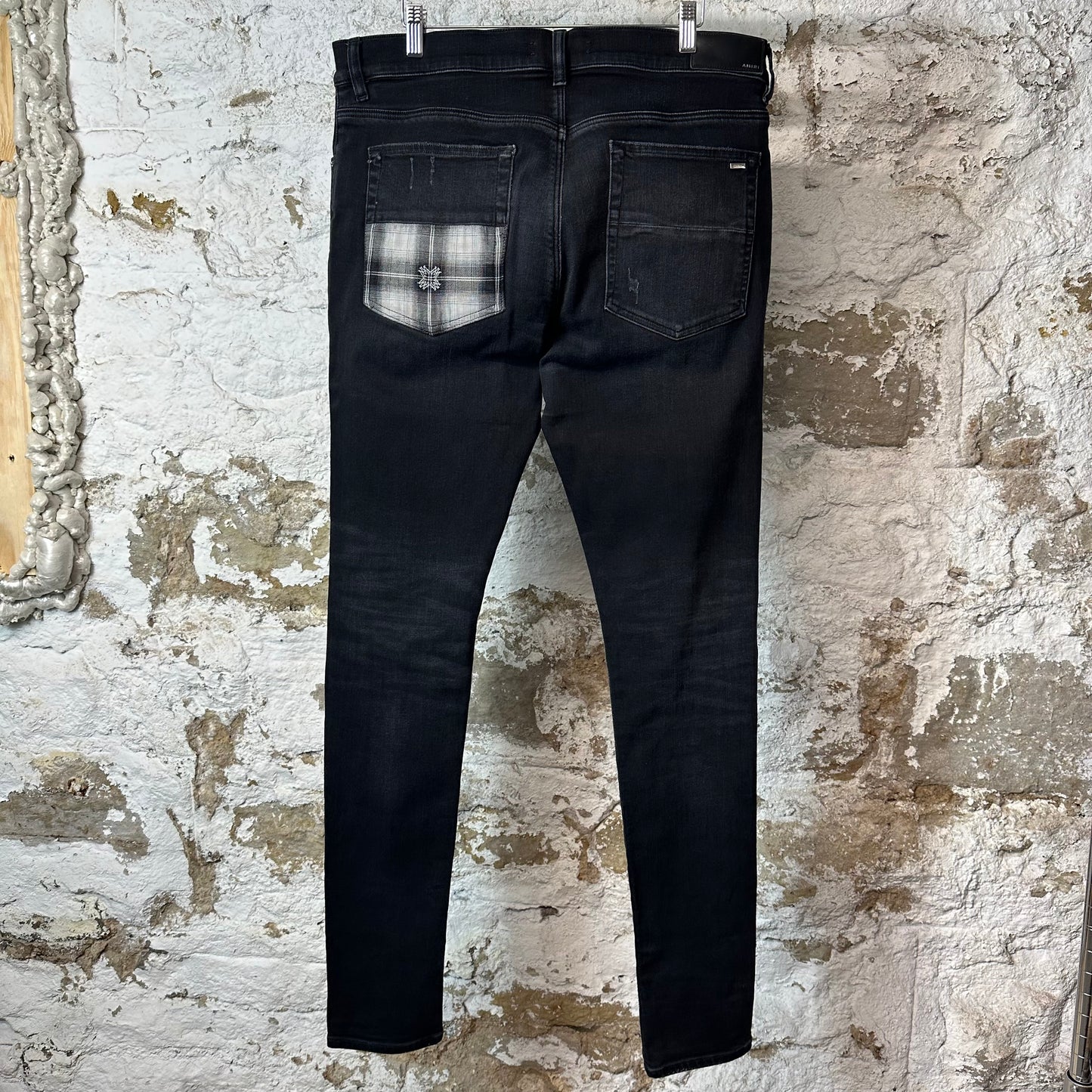 Amiri MX1 Grey Flannel Quad Logo Black Denim Jeans Sz 36