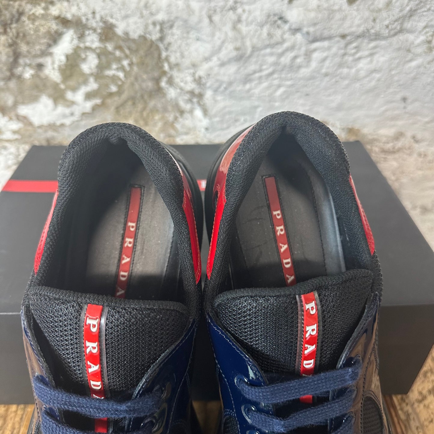 Prada Americas Cup Navy Red Patent Black Sneaker Sz 11