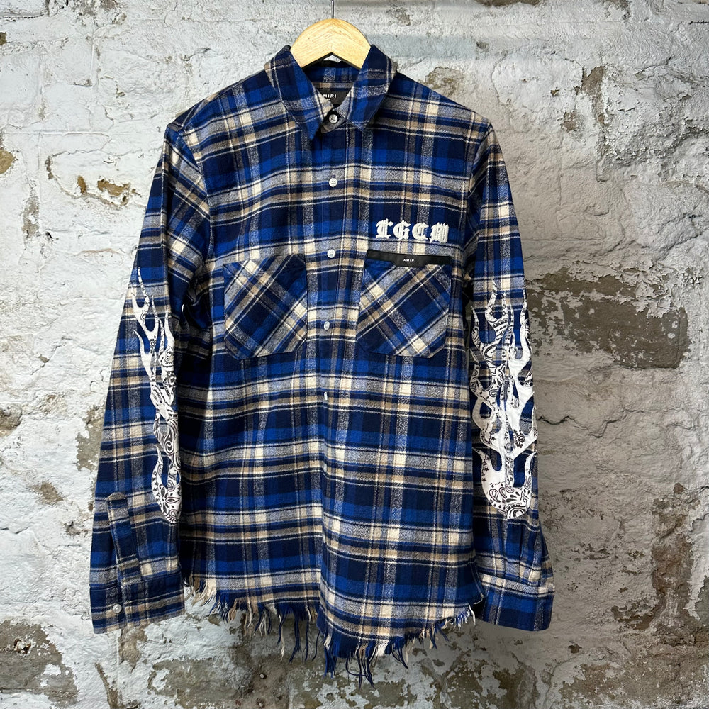 Amiri Blue Plaid Paisley Flames Flannel Sz S