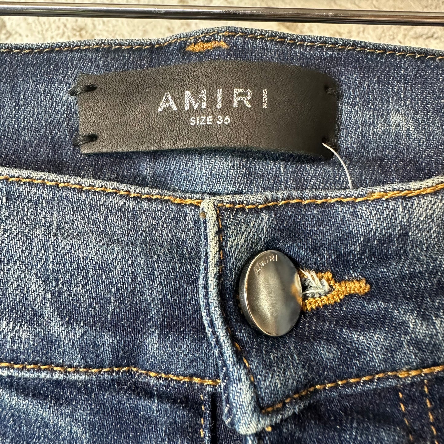 Amiri MX1 Blue Paisley Art Patch Dark Blue Denim Jeans Sz 36