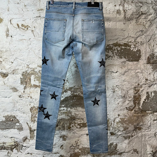 Amiri Knee Hole Black Paisley Star Blue Denim Jeans Sz 30