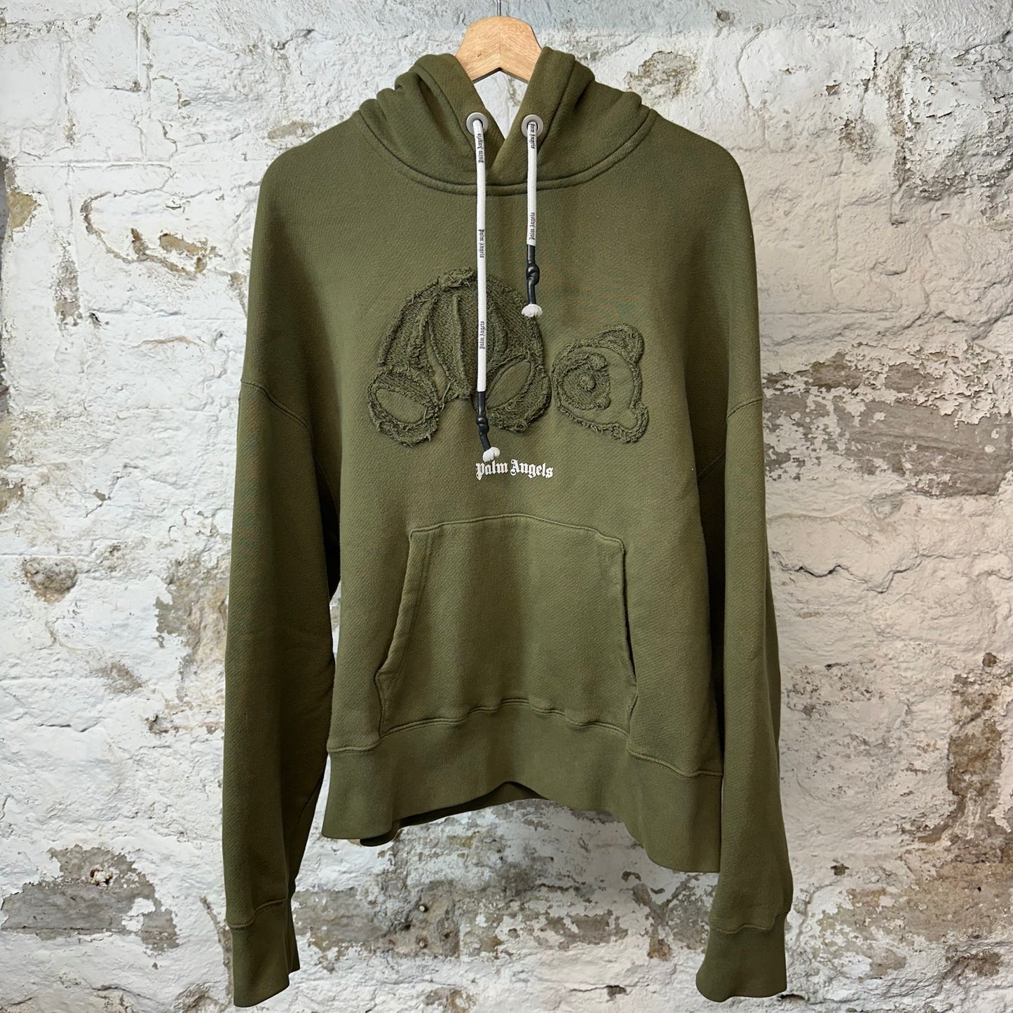 Palm Angels Distressed Bear Hoodie Olive Sz S