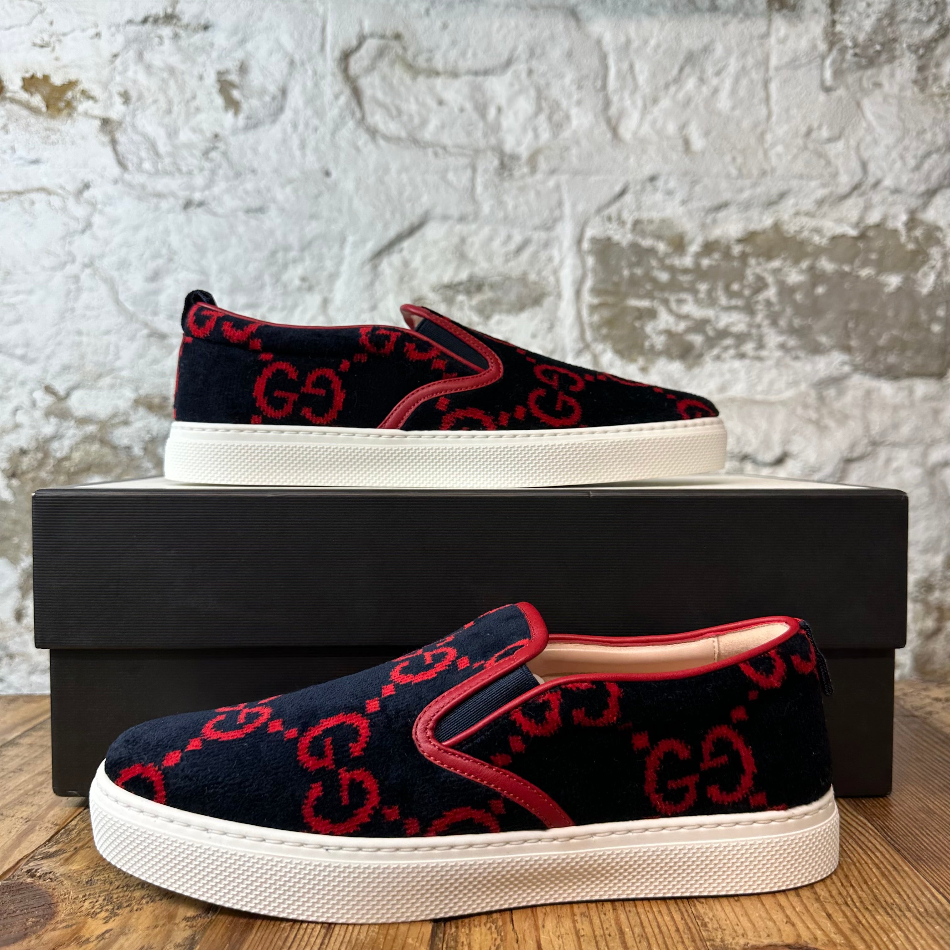 Gucci Red GG Monogram Navy Velour Slip On Sneaker Sz 6 DS