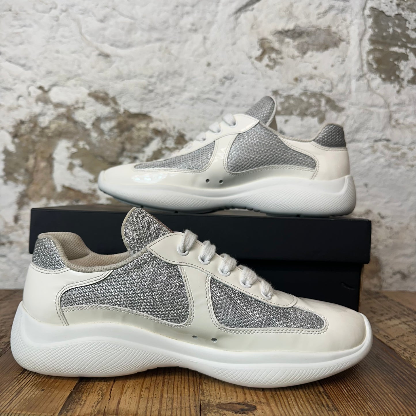 Prada Americas Cup White Patent Grey White Sneaker Sz 6 (38.5)