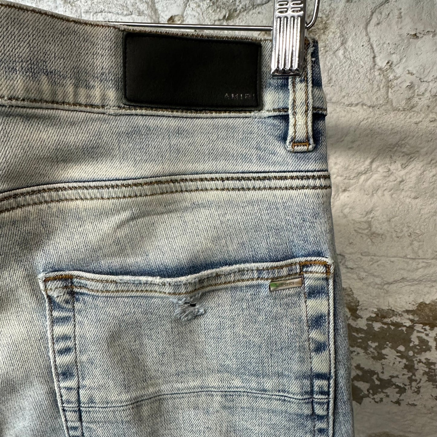Amiri MX1 Black Leather Washed Blue Denim Jeans Sz 31
