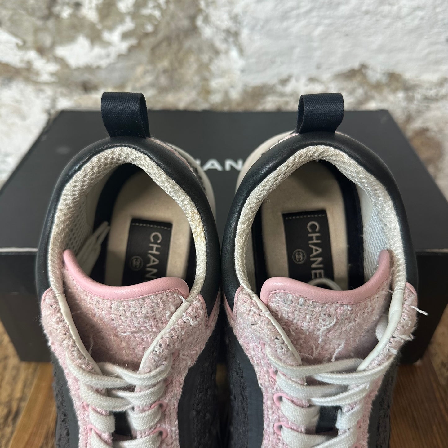 Chanel CC Pink Grey Black Tweed Trainer Sneaker Sz 6 (38)