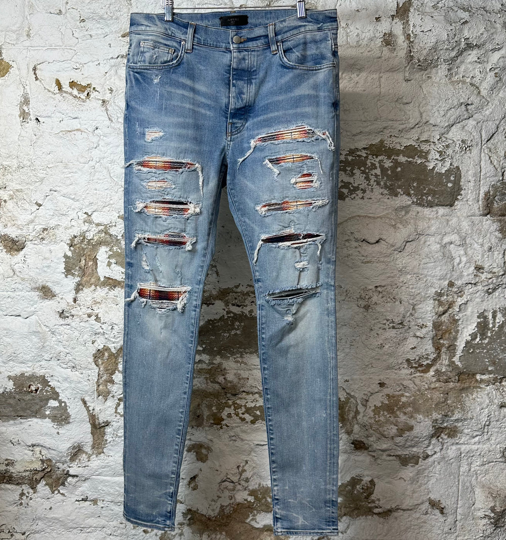 Amiri MX1 Multicolor Flannel Blue Denim Jeans Sz 34