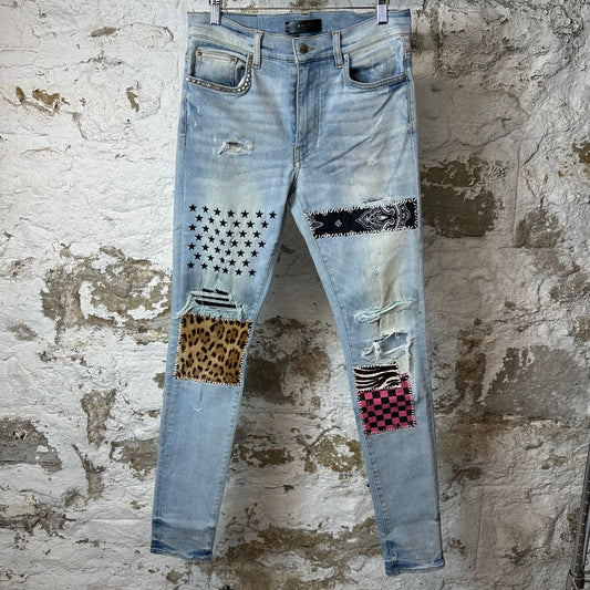 Amiri Animal Print Patchwork Blue Denim Jeans Sz 31