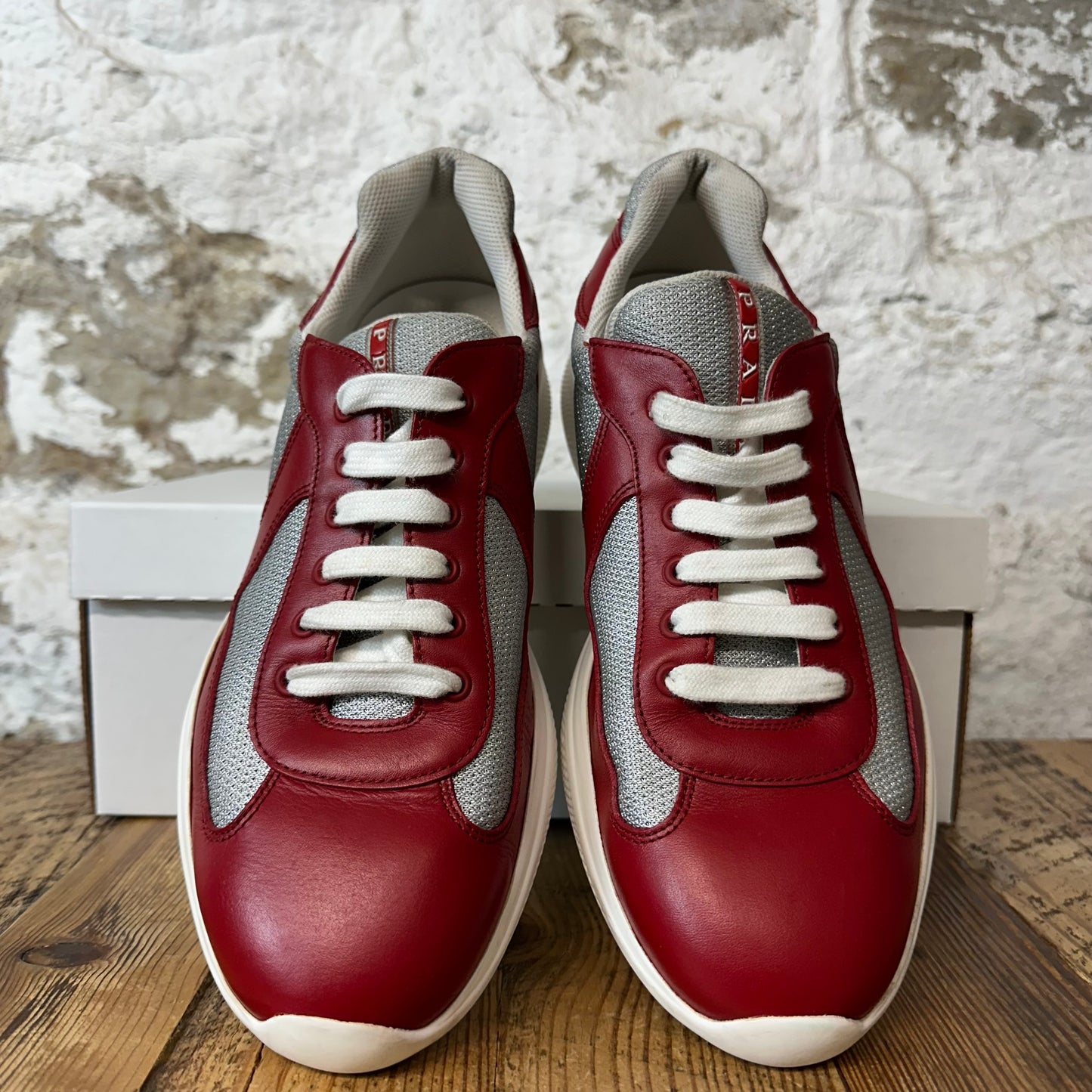 Prada Americas Cup Red Leather Grey White Sneaker Sz 9