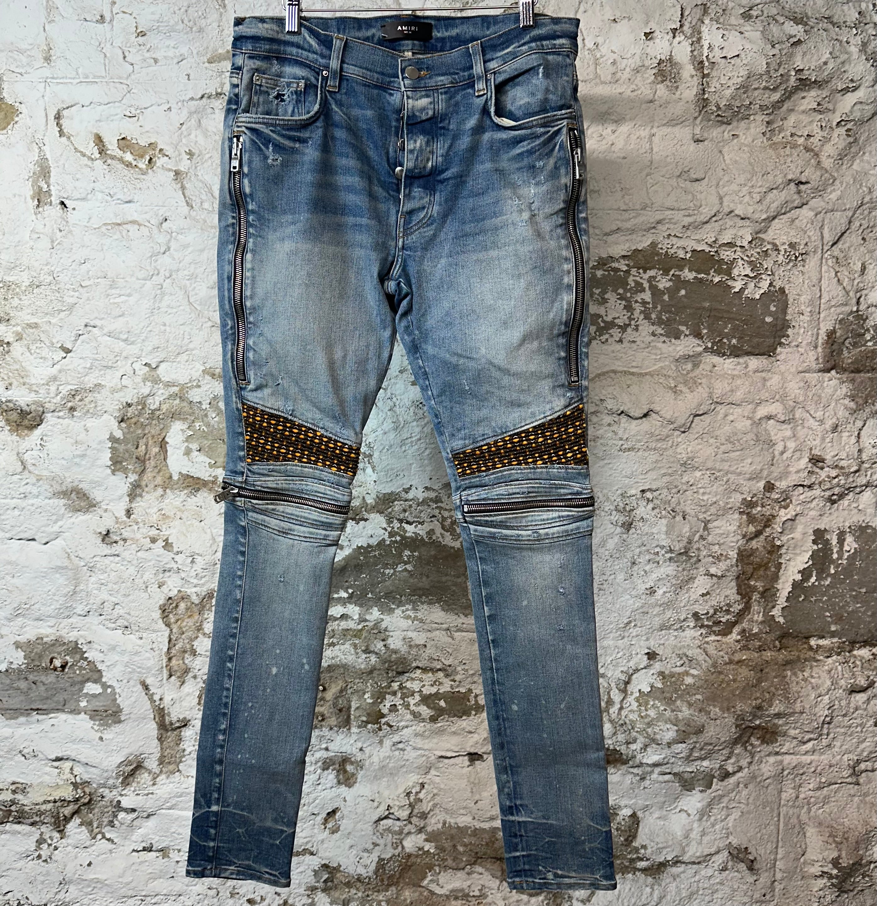 Amiri MX2 Yellow Brown Patch Blue Denim Jeans Sz 34