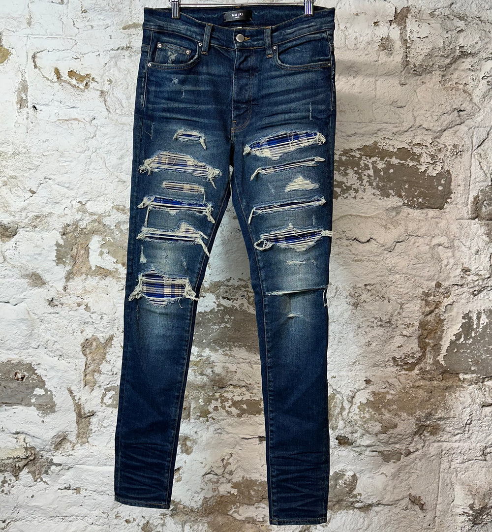 Amiri MX1 Blue Plaid Flannel Dark Blue Denim Jeans Sz 31