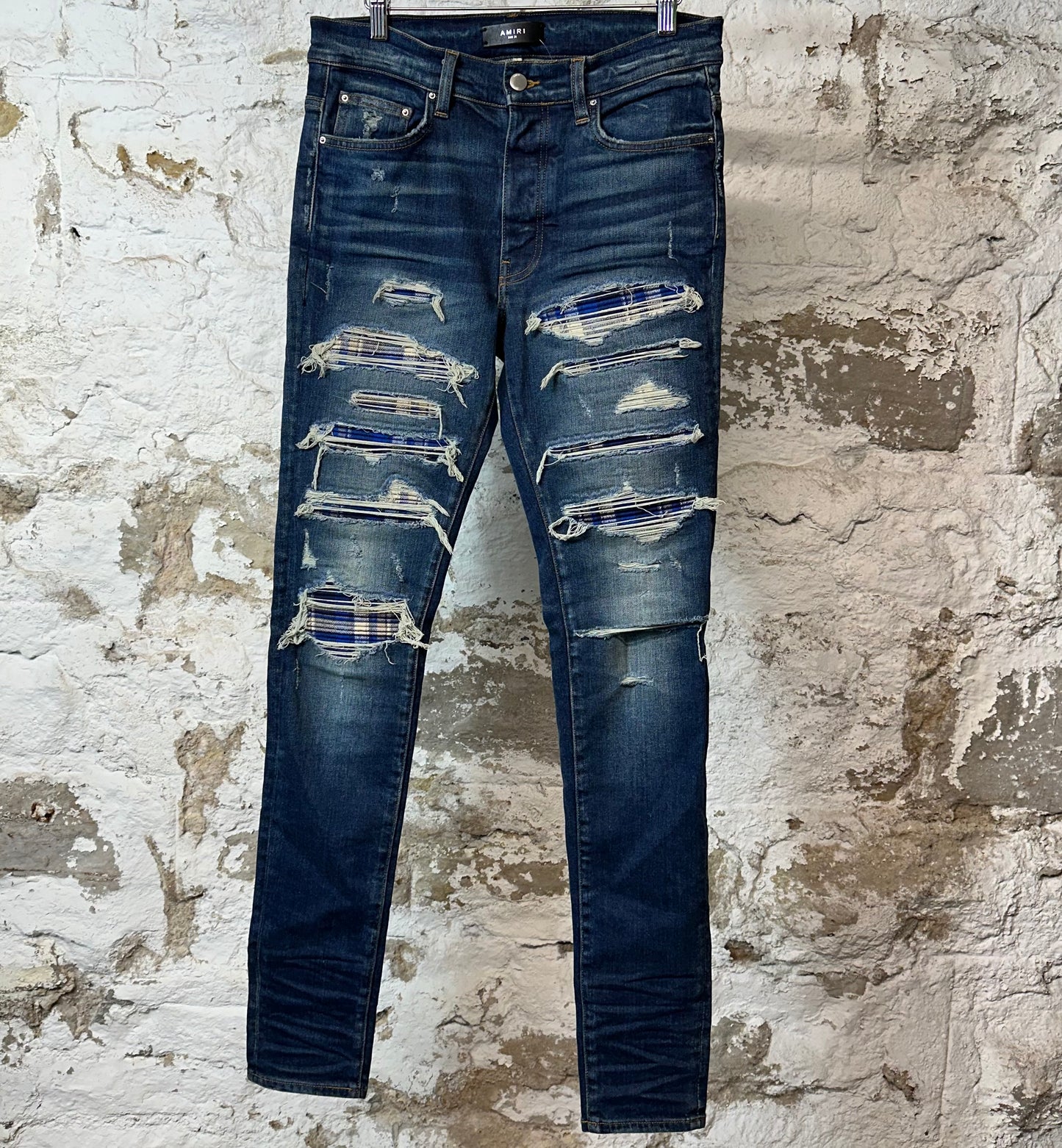 Amiri MX1 Blue Plaid Flannel Dark Blue Denim Jeans Sz 31