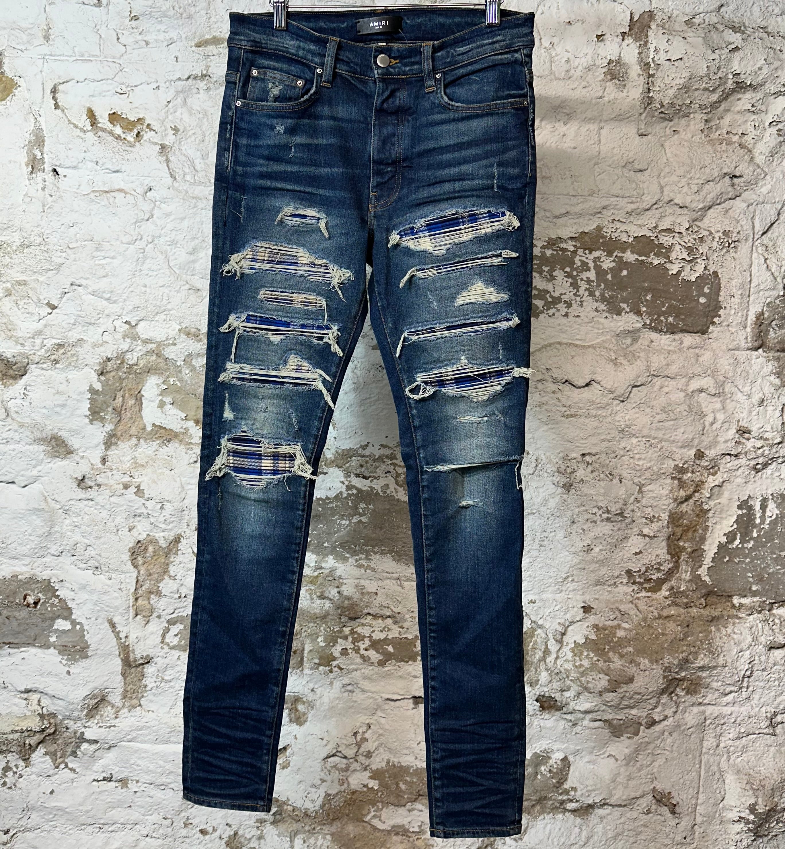 Amiri MX1 Blue Plaid Flannel Dark Blue Denim Jeans Sz 31