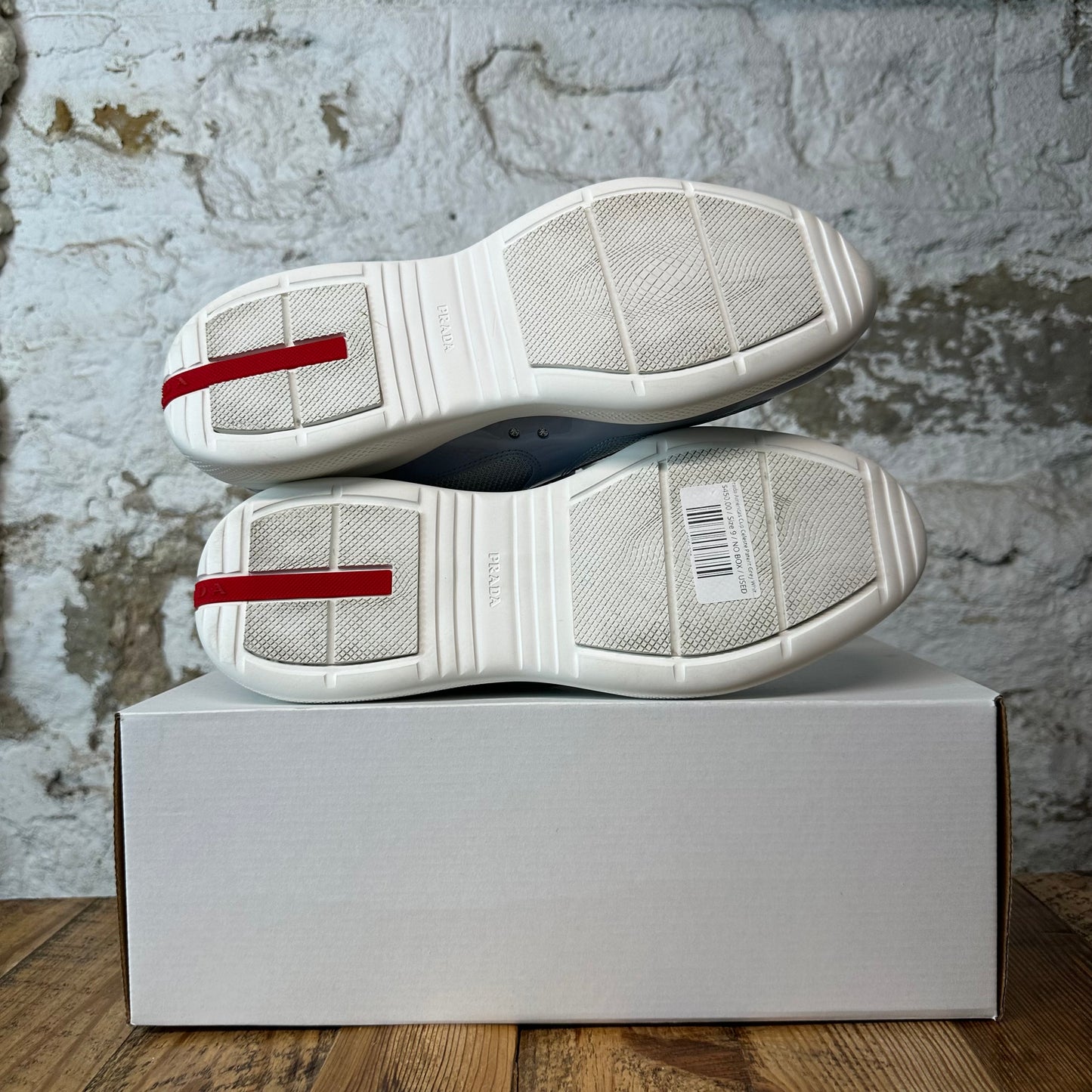 Prada Americas Cup Celeste Patent Grey White Sneaker Sz 9