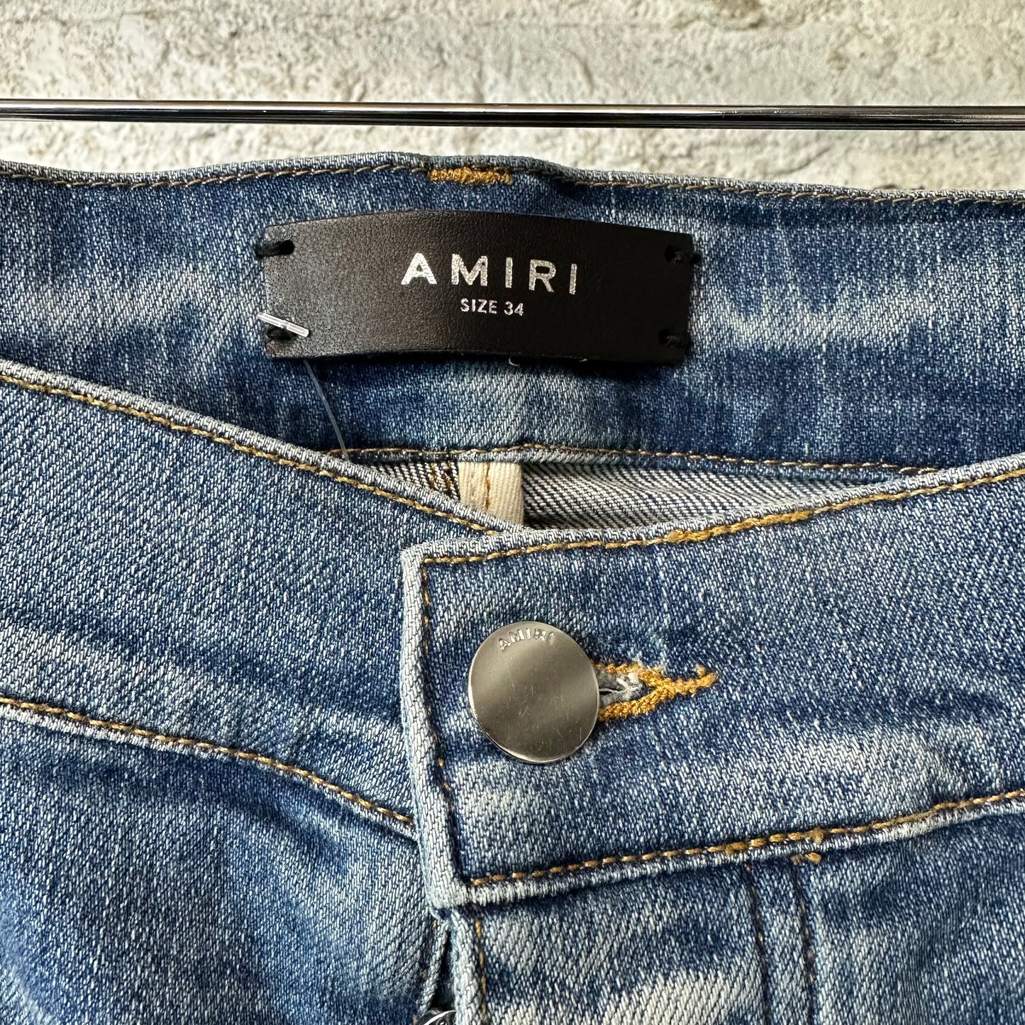 Amiri MX2 Yellow Brown Patch Blue Denim Jeans Sz 34