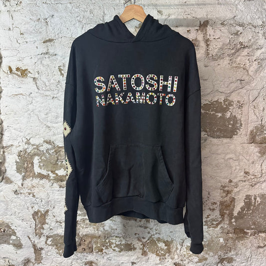 Satoshi Nakamoto Black Leather Studded Logo Hoodie Sz L