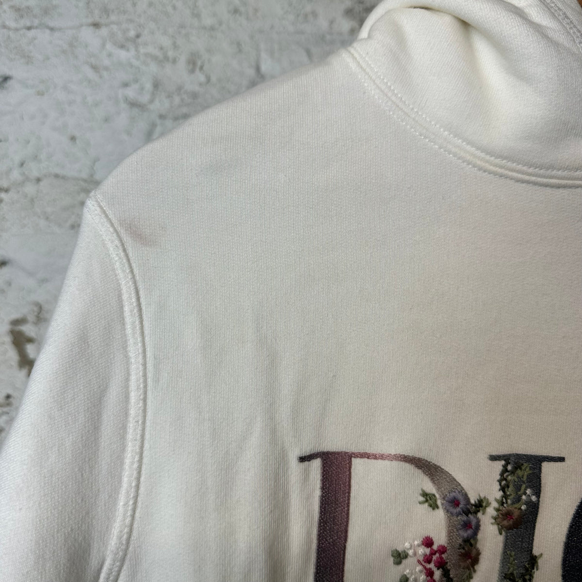 Dior Flower Embroidered Spellout White Hoodie Sz S