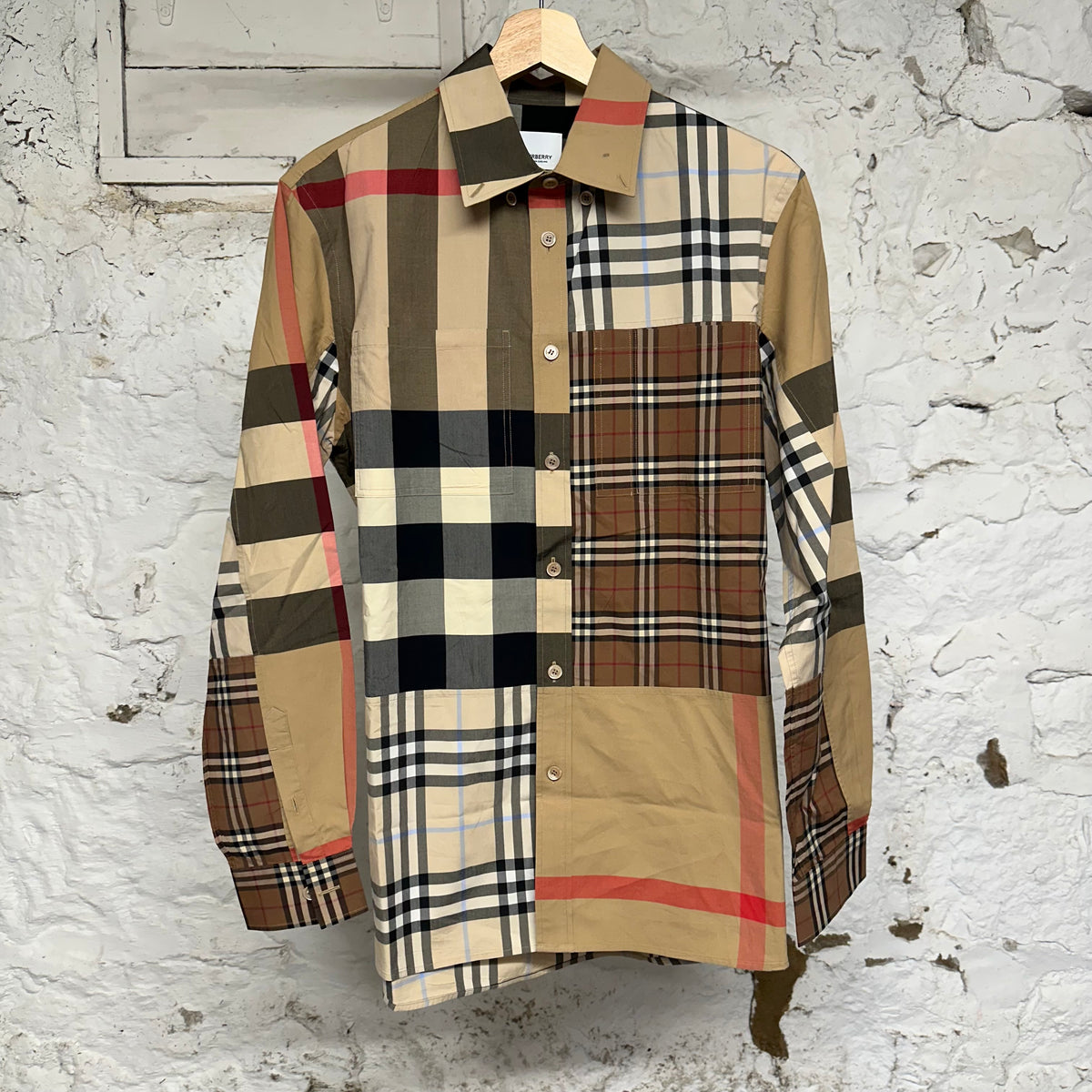Burberry Terence Patchwork Beige Plaid Button Up Long Sleeve Shirt Sz S