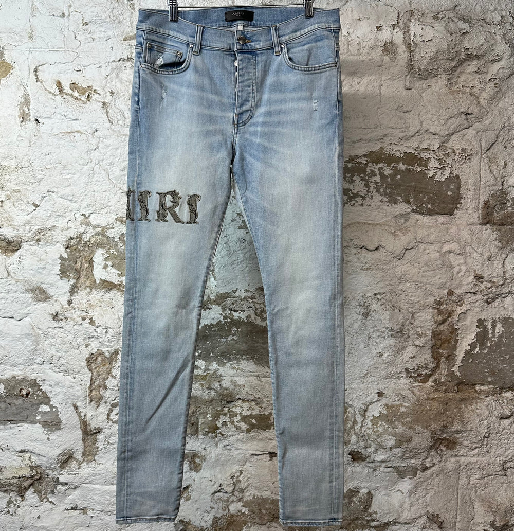 Amiri Leaf Side Spell Blue Denim Jeans Sz 33