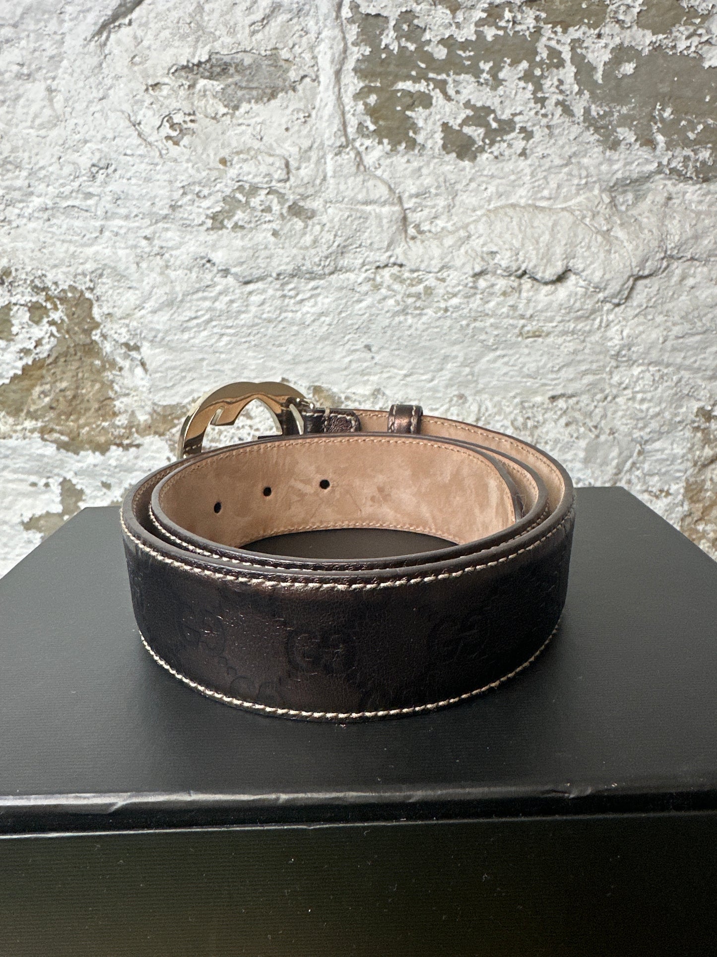 Gucci Brown Gloss Monogram Belt Sz (85/34)