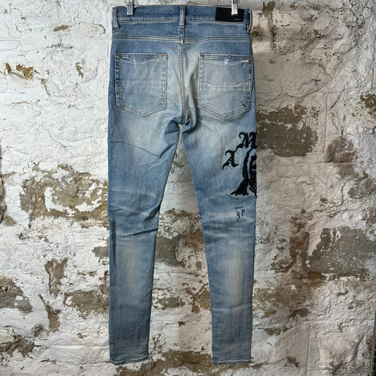 Amiri Embroidered Reaper Logo Blue Denim Jeans Sz 29