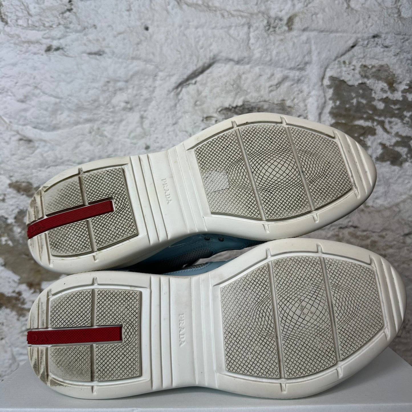 Prada Americas Cup High Baby Blue Patent White Sneaker Sz 9.5 No Box