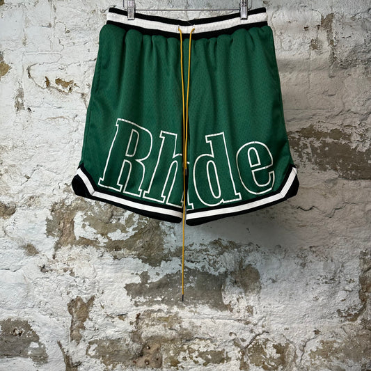 Rhude White Court Logo Green Basketball Shorts Sz L