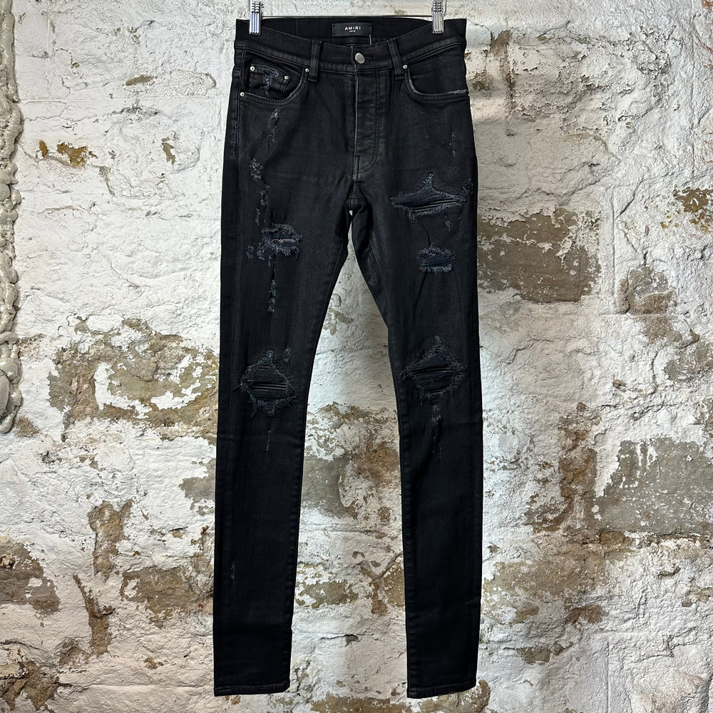 Amiri MX1 Black Leather Black Waxed Denim Jeans Sz 29