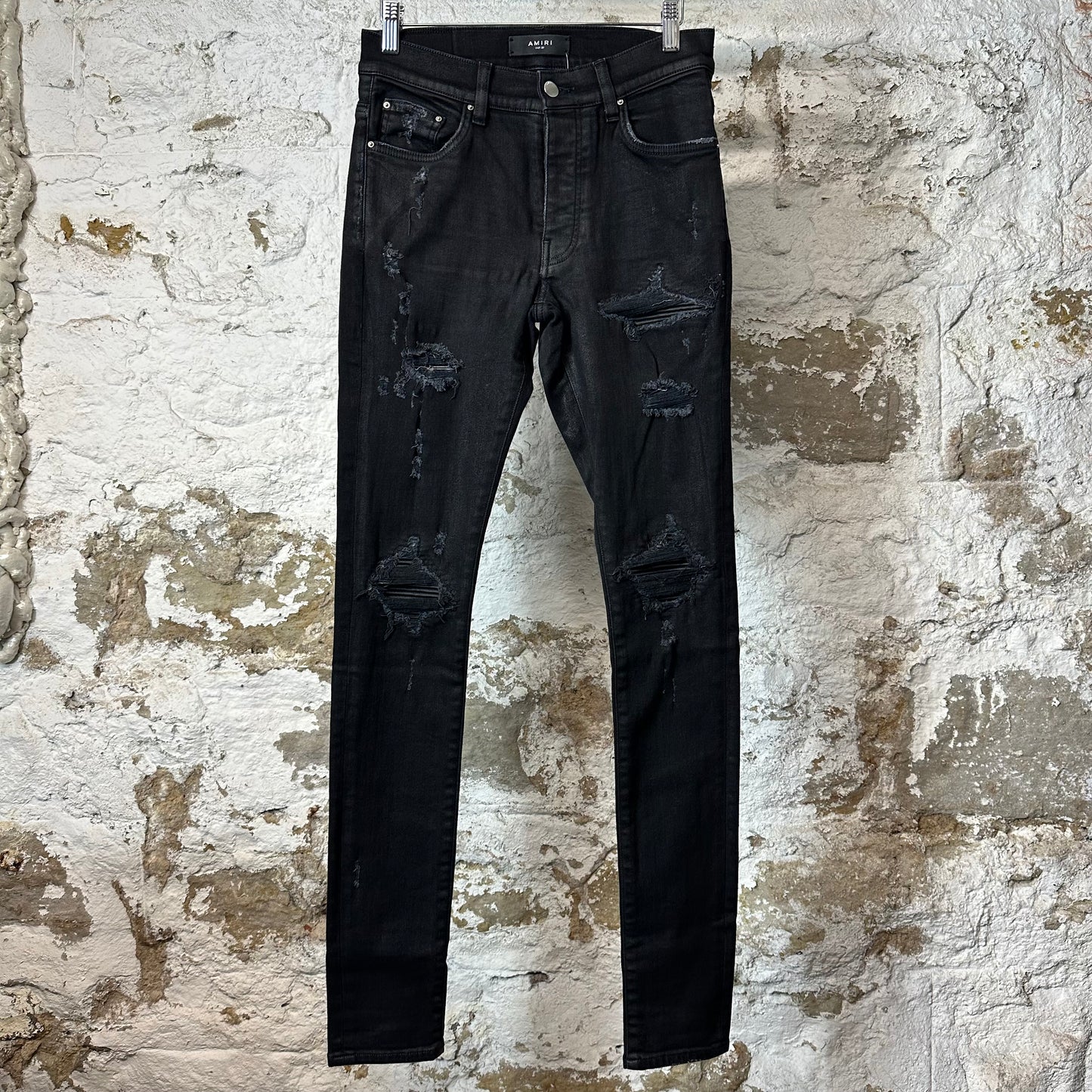 Amiri MX1 Black Leather Black Waxed Denim Jeans Sz 29