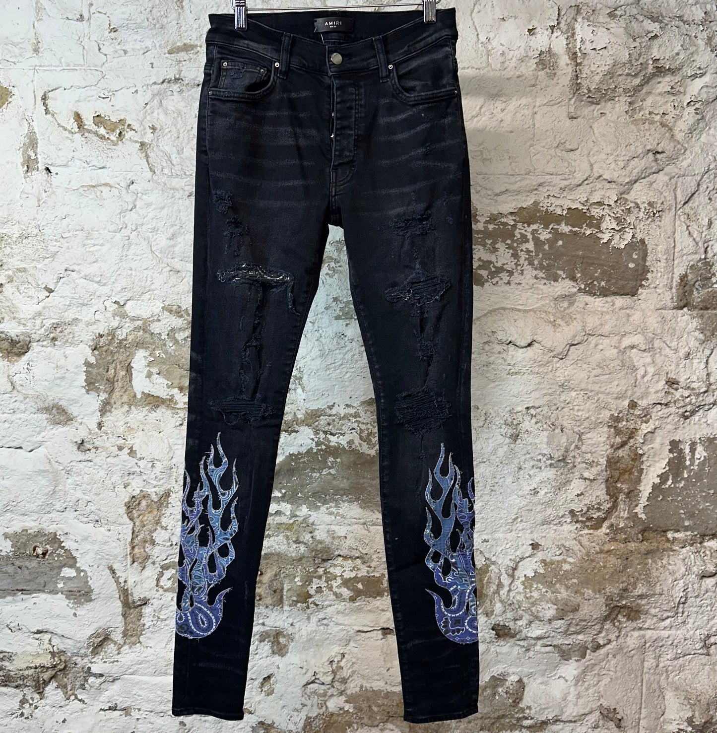 Amiri Blue Paisley Flame Black Denim Jeans Sz 30