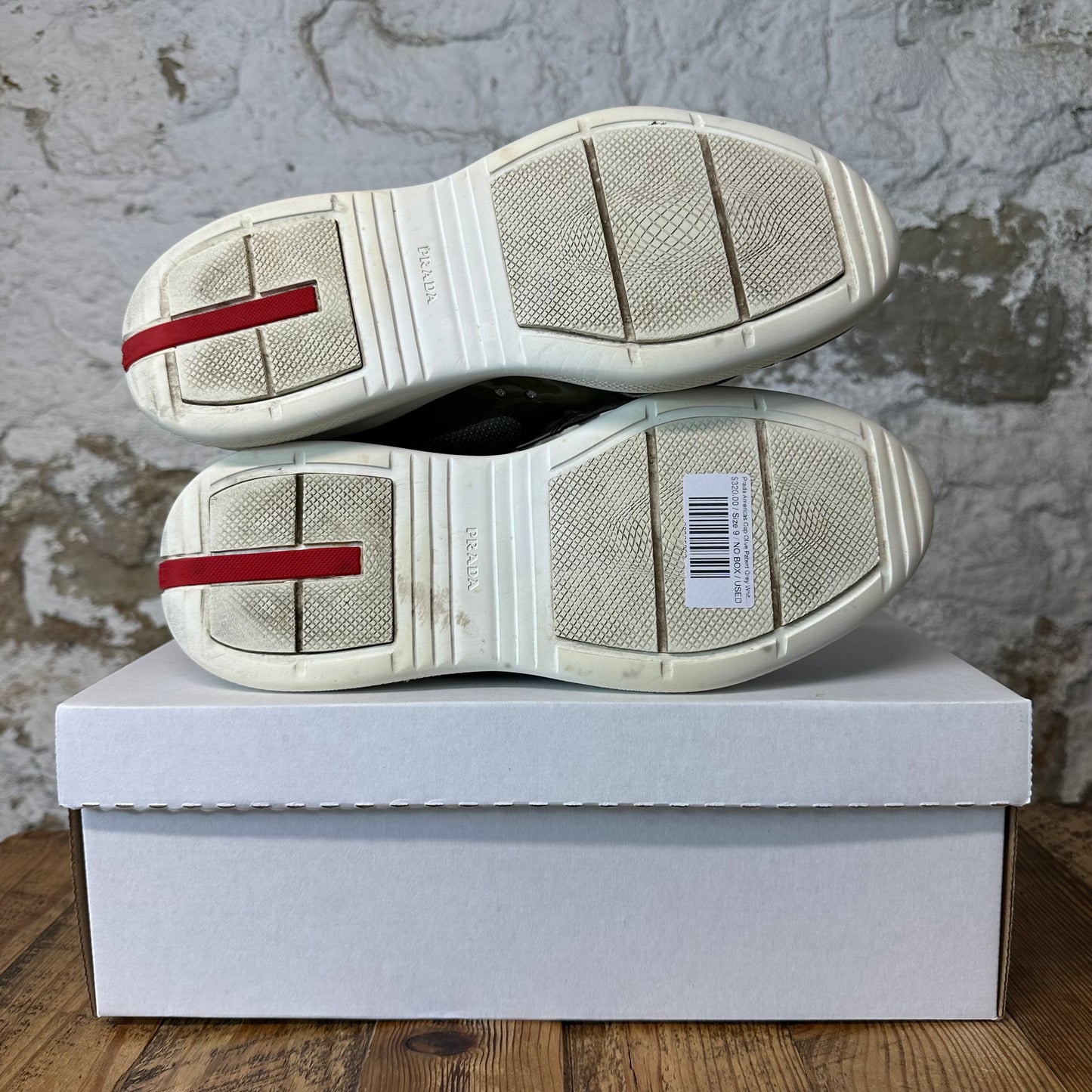 Prada Americas Cup Olive Patent Grey White Sneaker Sz 9