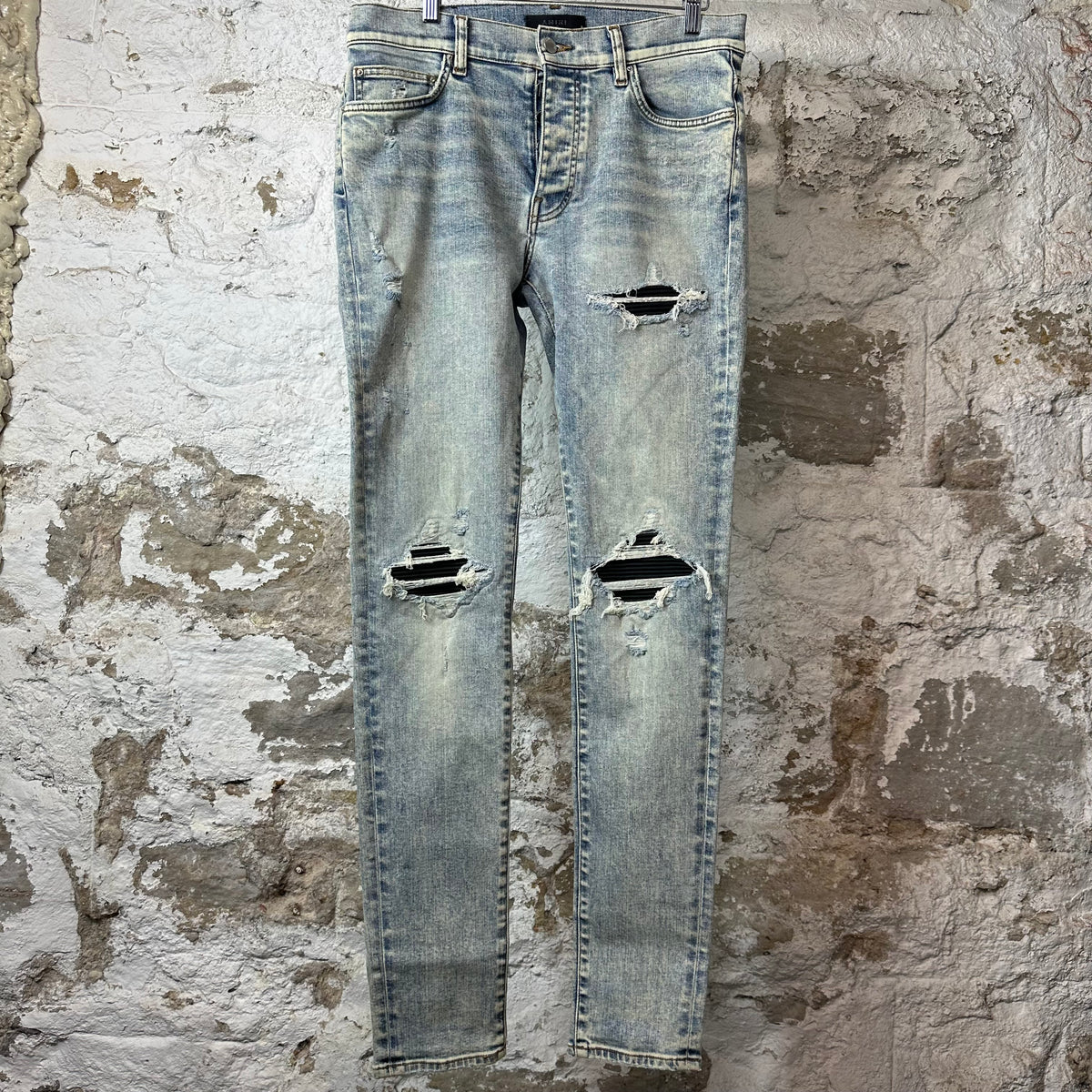 Amiri MX1 Black Leather Washed Blue Denim Jeans Sz 32
